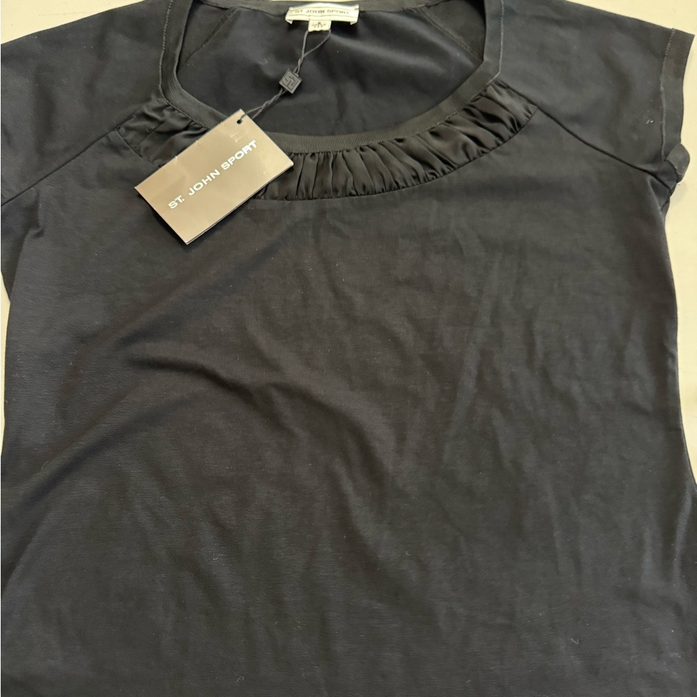 St. John Black Short Sleeve Top with Ruffled Neckline